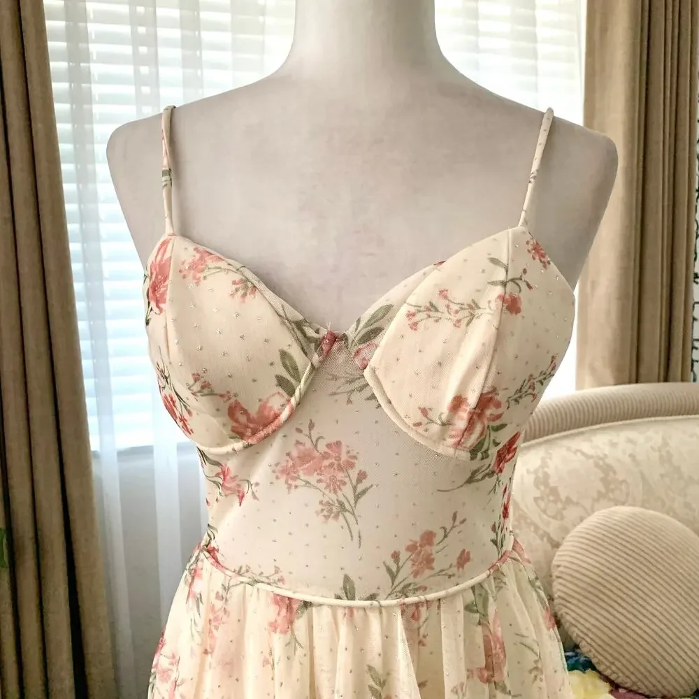 NEW City Studio Floral Dot Corset Maxi Gown in Light Yellow